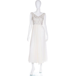 1960s Beaded White Silk Chiffon Evening or Wedding Dress with beads and sequins