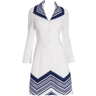 1970s Lilli Ann Knit Vintage White Coat With Navy Blue Chevron Design