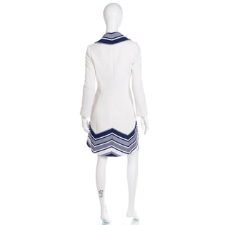Vintage 1970s Lilli Ann Knits White Coat With Navy Blue Chevron Design
