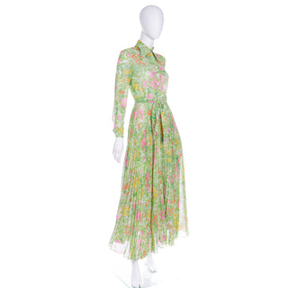 Vintage 1970s Accordion Pleated Pink Green & Yellow Floral Maxi Dress