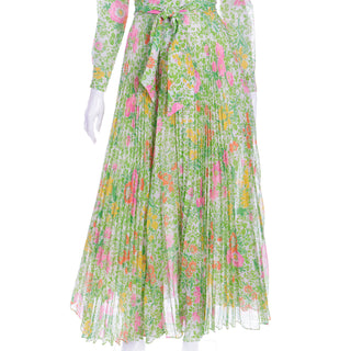 1970s Accordion Pleated Pink Green & Yellow Floral Maxi Dress w Collar and Belt