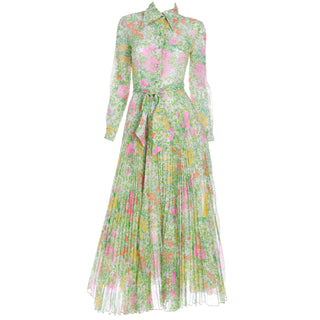 Vintage 1970s Accordion Pleated Pink Green & Yellow Floral Maxi Dress with Sash Belt and Collar