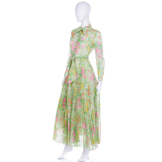 1970s Accordion Pleated Pink Green & Yellow Floral Maxi Dress with sash belt