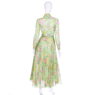 1970s Accordion Pleated Pink Green & Yellow Vintage Floral Maxi Dress 