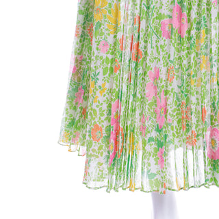 Colorful 1970s Accordion Pleated Pink Green & Yellow Floral Maxi Dress