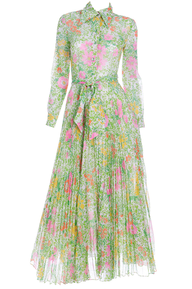 1970s Accordion Pleated Vintage Pink Green & Yellow Floral Maxi Dress Modig 1970s Accordion Pleated Vintage Pink Green & Yellow Floral Maxi Dress Modig
