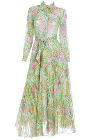 1970s Accordion Pleated Pink Green & Yellow Floral Maxi Dress
