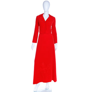 1970s Red Velvet 2pc Suit w Cropped Jacket & Equestrian Quilted Maxi Skirt