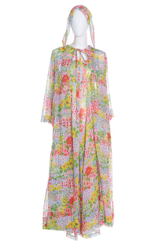 1970s Vintage Floral Voile Maxi Dress and Matching Coat With Hood