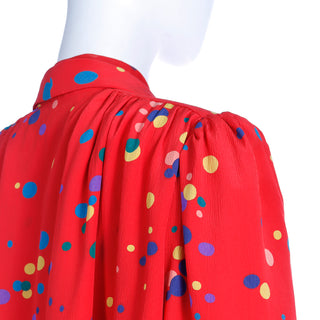 S/S 1979 Valentino Couture Red Silk with Multi Colored Polka Dot Ensemble with Gathered Shoulders