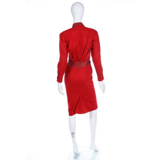 1980s Claude Montana Red Wool Vintage Dress With Studs & Kick Pleat