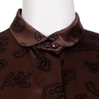 1980s Escada Margaretha Ley Brown & Black Paisley Silk Blouse With Collar
