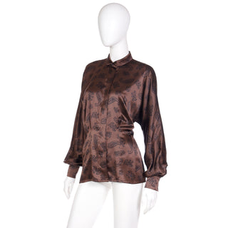 1980s Escada Margaretha Ley Brown & Black Paisley Silk Button Front Blouse