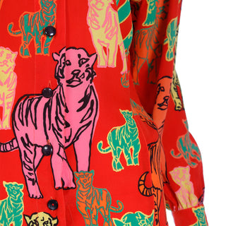 1980s Escada Margaretha Ley Red Colorful Tiger Print Silk Pop Art Blouse