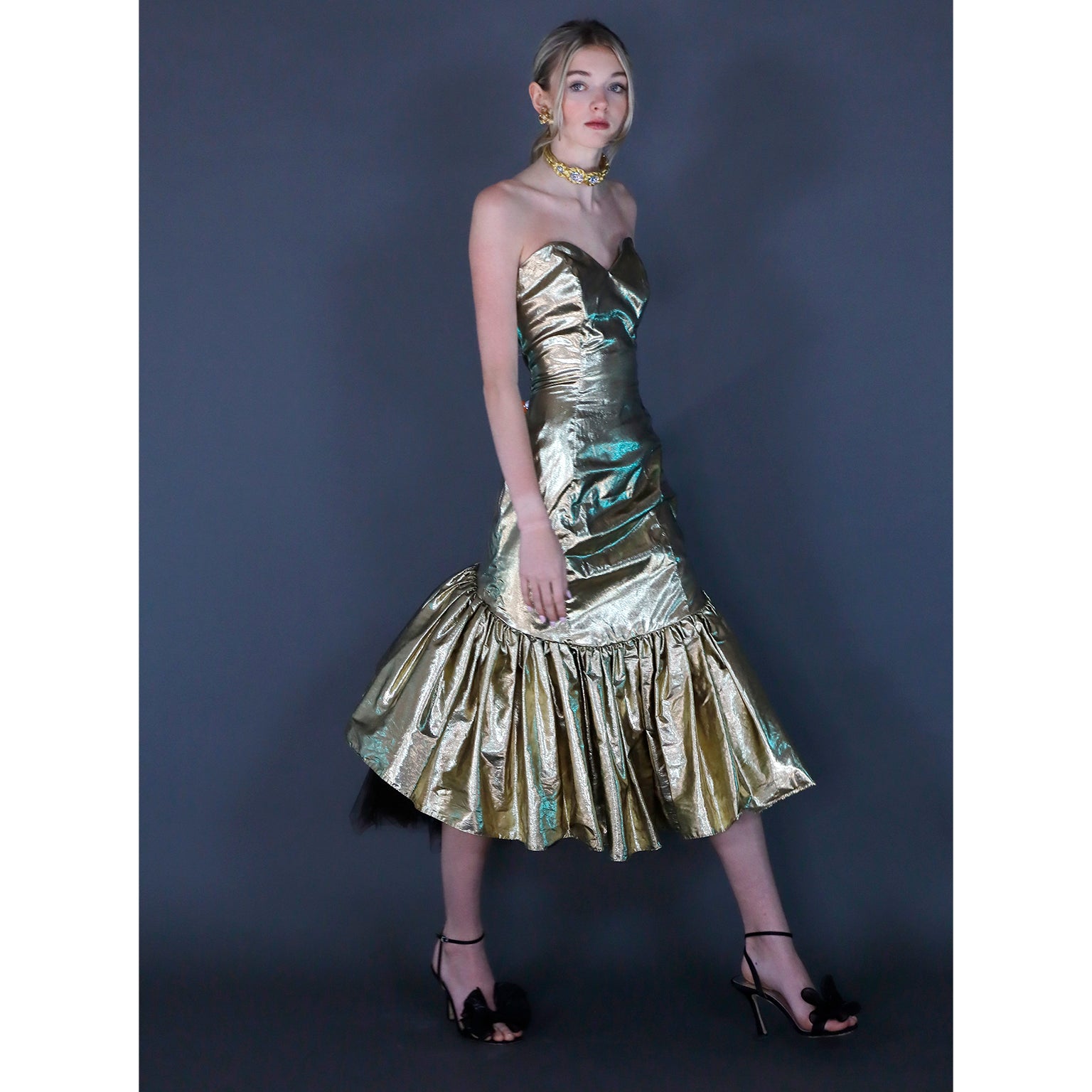Vintage 80s Gold Lame Strapless Ruffled Evening Dress w Tulle Modig Vintage 80s Gold Lame Strapless Ruffled Evening Dress w Tulle Modig