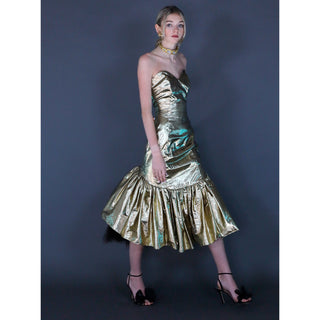 1980s Gold Lame Strapless Shimmering Ruffled Evening Dress w Tulle