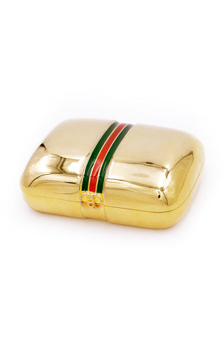 1980s Gucci Gold Plated Box w Red & Green Signature Stripe
