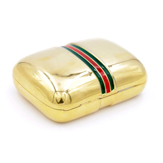 1980s Gucci Gold Plated Box w Red & Green Signature Stripe Italy
