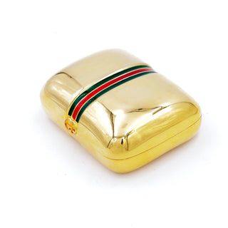 1980s Gucci Gold Plated Box w Red & Green Signature Stripe and GG Logo