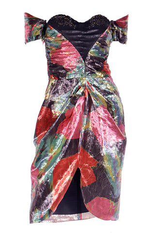 1980s Neil Bieff Tissue Metallic Bold Floral Off Shoulder Evening Dress