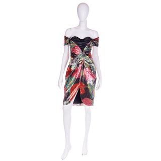 1980s Neil Bieff Tissue Metallic Bold Floral Off Shoulder Evening Dress with Sequins