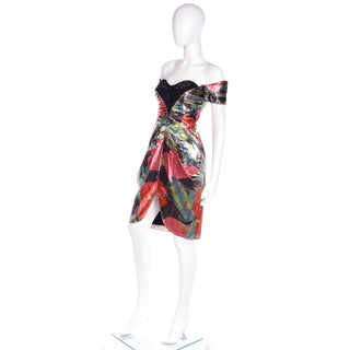 1980s Neil Bieff Tissue Metallic Bold Floral Off Shoulder Evening Corset Dress
