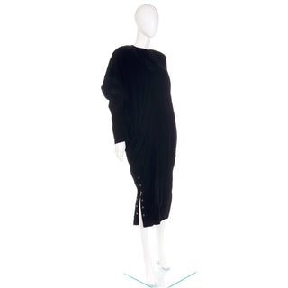 1980s Norma Kamali Black Velvet Sweatshirt Style Oversized Dress with Snaps