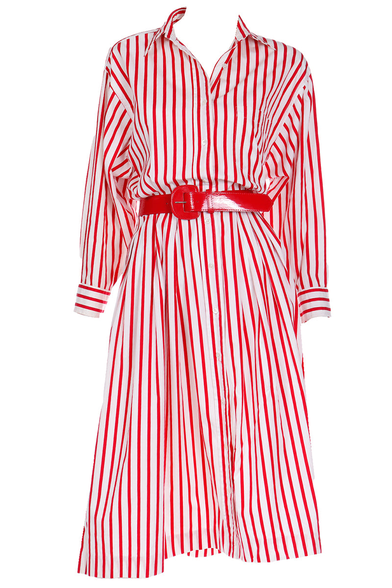 1980s Ralph Lauren Red & White Striped Shirtdress Cotton Day Dress Modig 1980s Ralph Lauren Red & White Striped Shirtdress Cotton Day Dress Modig