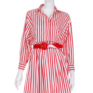 1980s Ralph Lauren button down shirtdress with red and white stripes