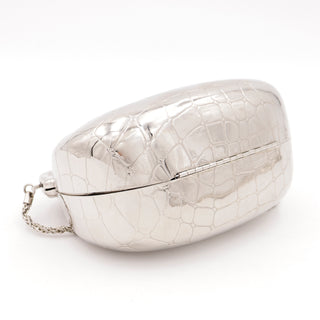 1980s Alligator Embossed Silver Plate Hard Case Faux Fabric Evening Bag