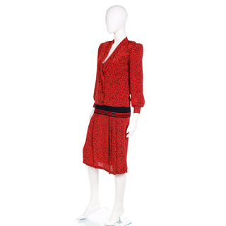1980s Vintage Abstract Red & Black Print Silk Drop Waist Dress w Ribbed Knit Trim