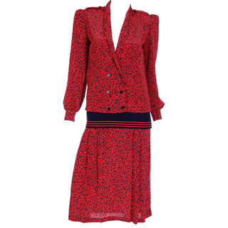 1980s Vintage Red & Black Print Silk Drop Waist Dress w Ribbed Knit Trim & Pleated Skirt
