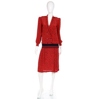 1980s Vintage Red & Black Print Silk Drop Waist Dress w Ribbed Knit Trim Sweatshirt Style