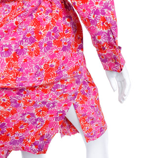 Vintage 1989 Yves Saint Laurent Silk Floral Runway Dress With Sash Belt Pink Red and Purple