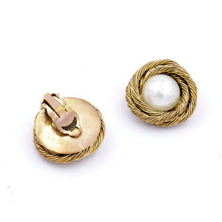 Vintage 1980s Chanel Twisted Rope Gold Gilded Earrings w Pearl Cabochons