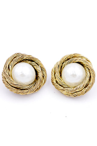 1980s Chanel Twisted Rope Gold Gilded Earrings w Pearl Cabochon