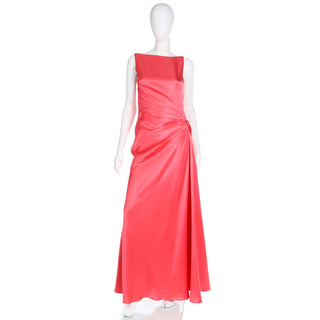 1990s Bill Blass Vintage Salmon Pink Silk Draped Evening Gown Dress