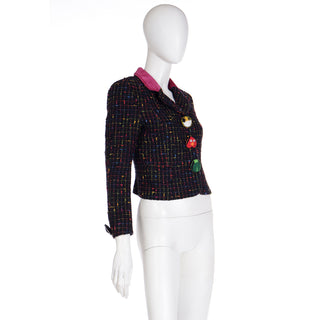 1990s Moschino Vintage Colorful Boucle Jacket w Funny Buttons & Pink Velvet Collar