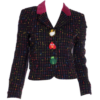 1990s Moschino Vintage Colorful Boucle Jacket w Nature Buttons & Velvet Collar