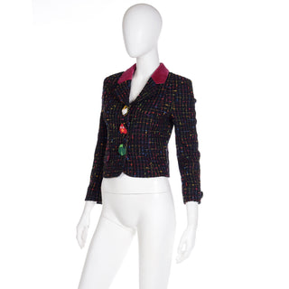 1990s Moschino Vintage Colorful Boucle Jacket w Funny Nature Buttons & Velvet Collar