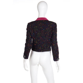 1990s Moschino Vintage Colorful Boucle Jacket w Nature Buttons & Velvet Collar 