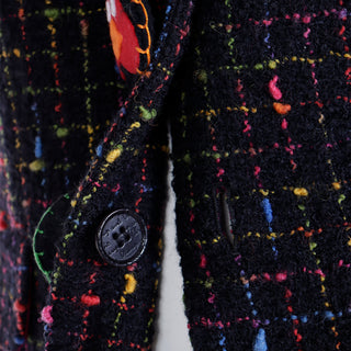 1990s Moschino Vintage Colorful Boucle Jacket w Funny Buttons & Velvet Collar Nature Inspired