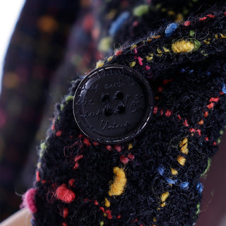 1990s Moschino Vintage Colorful Boucle Jacket w Funny Buttons & Velvet Collar with Branded Buttons