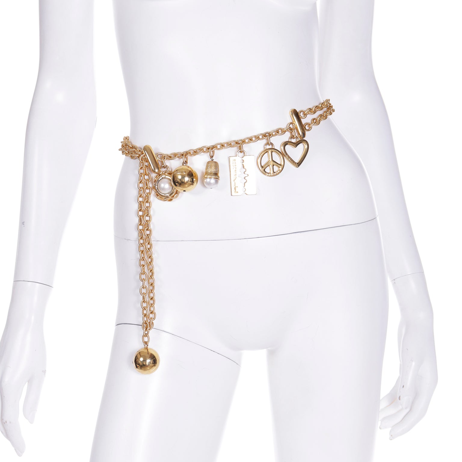 Vintage Moschino Gold Chain Belt w Razor Blade Heart Peace Sign Thimble Modig
