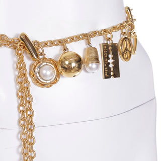1990s Vintage Moschino Gold Chain Belt w Razor Blade Heart Peace Sign & Faux Pearls