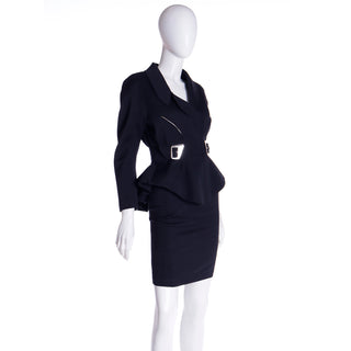 1990s Thierry Mugler 2pc Vintage Black Peplum Jacket & Skirt Suit