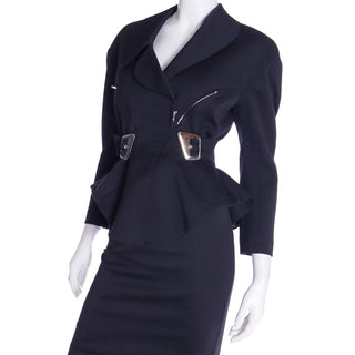 1990s Thierry Mugler 2 pc Vintage Black Peplum Jacket & Skirt Suit w Silver Buckles