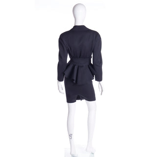 1990s Thierry Mugler 2pc Vintage Black Peplum wool Jacket & Skirt Suit w Silver Buckles