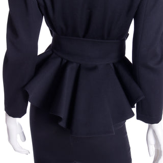 1990s Thierry Mugler 2pc Vintage Black Gathered Peplum Jacket & Skirt Suit