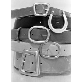 1992 Isaac Mizrahi Black Leather Belt with Abstract Silver Buckle Documented